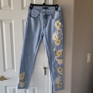 Boston Proper Light Blue Jeans with Yellow Floral Embroidery And Gemstones